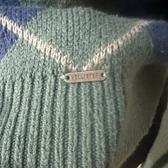 Hollister Blue and Green Argyle Cardigan Y2K Size Small - Picture 2 of 5